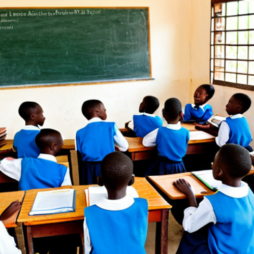 **

"A bustling primary school classroom in Mwanza, Tanzania. Children in modest school uniforms are enthusiastically participating in a Swahili lesson with a dedicated teacher. The classroom is simply furnished but filled with colorful educational materials. Outside, a glimpse of the Tanzanian landscape. Fully clothed, appropriate content, safe for work, perfect anatomy, natural proportions, professional, educational setting, high quality."

**