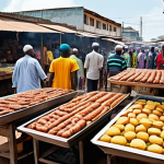 다르에스살람 도시 탐방 - **Vibrant Kariakoo Market Scene:**
    A bustling and colorful open-air market in Dar es Salaam, fil...