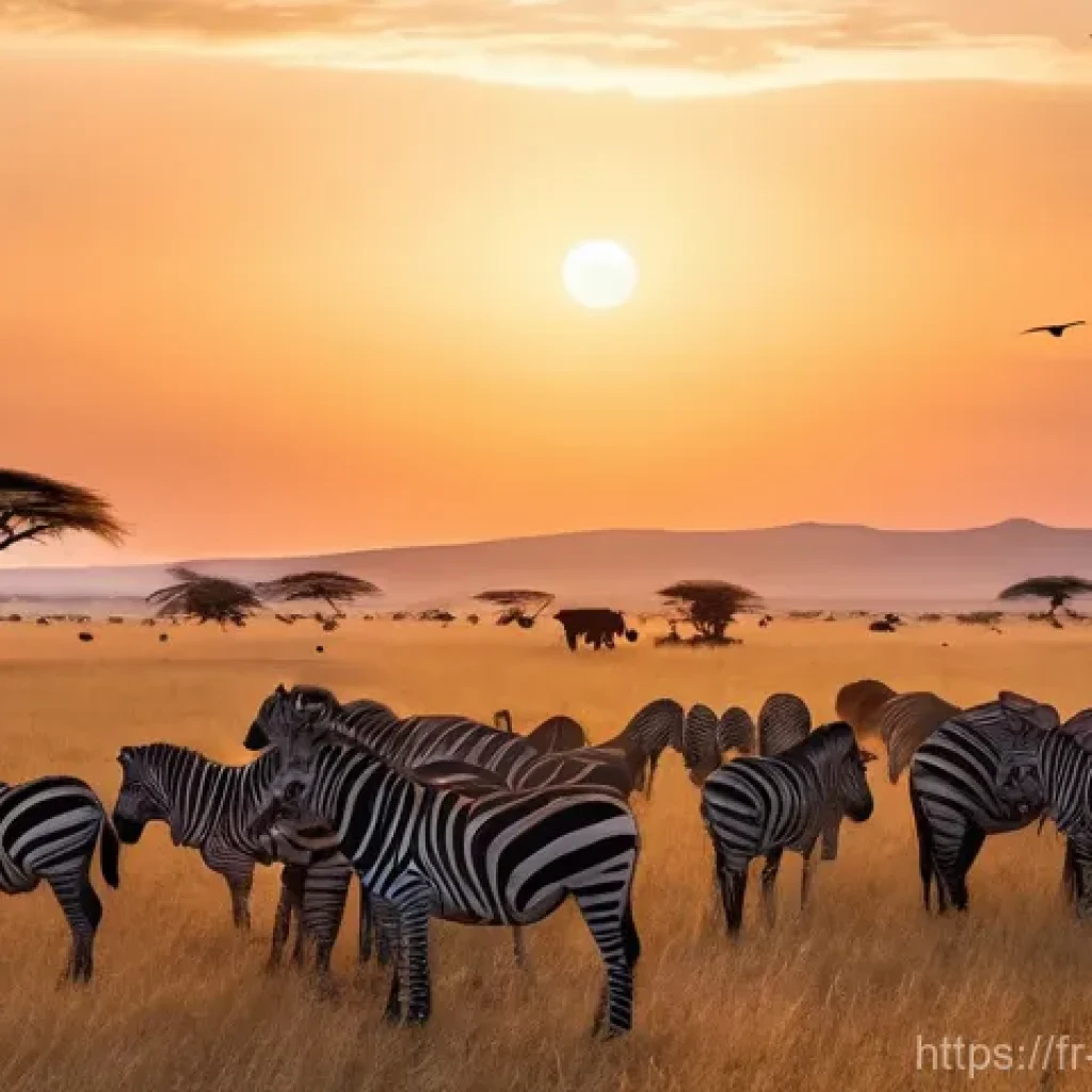 탄자니아의 기후와 계절별 여행 - **Vast Serengeti Migration at Sunrise**
    "A breathtaking wide-angle shot of the Great Migration a...