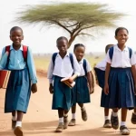 탄자니아 어린이 교육 상황 - **Prompt:** A group of resilient Tanzanian schoolchildren, aged 7-14, dressed in clean but modest sc...