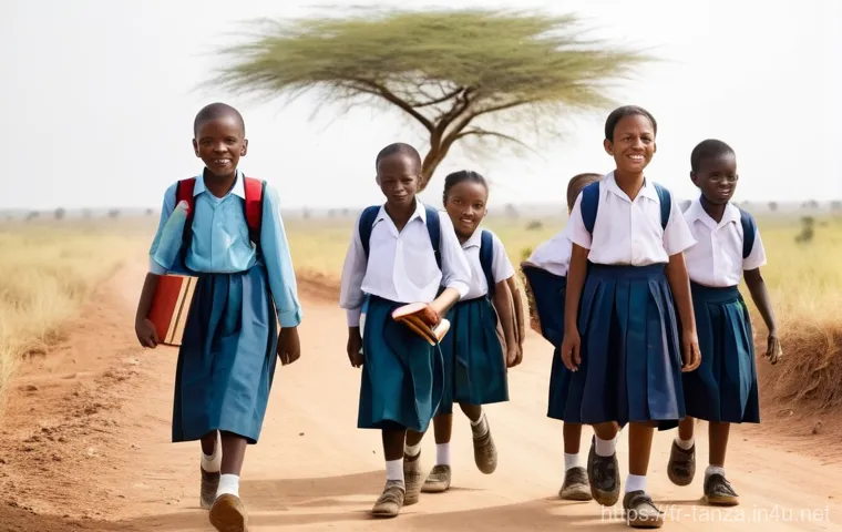 탄자니아 어린이 교육 상황 - **Prompt:** A group of resilient Tanzanian schoolchildren, aged 7-14, dressed in clean but modest sc...