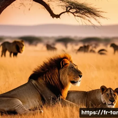 탄자니아의 독특한 동물 종 - A majestic African savanna scene at golden hour featuring a pride of lions resting under an acacia t...