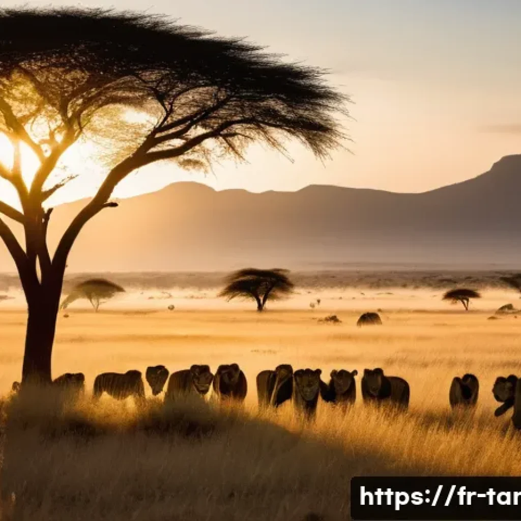 탄자니아 여행 관련 유튜버 추천 - A breathtaking panoramic view of the Serengeti at dawn, showcasing golden sunlight illuminating vast...
