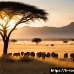 탄자니아 여행 관련 유튜버 추천 - A breathtaking panoramic view of the Serengeti at dawn, showcasing golden sunlight illuminating vast...