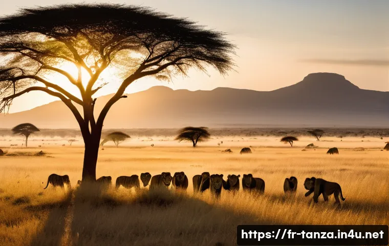 탄자니아 여행 관련 유튜버 추천 - A breathtaking panoramic view of the Serengeti at dawn, showcasing golden sunlight illuminating vast...