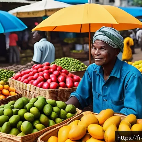 Home 30 탄자니아에서 추천하는 로컬 레스토랑 - A vibrant Tanzanian local market scene in Dar es Salaam, filled with colorful tropical fruits like m...