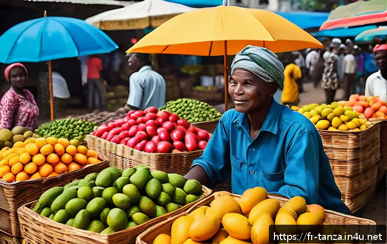 탄자니아에서 추천하는 로컬 레스토랑 - A vibrant Tanzanian local market scene in Dar es Salaam, filled with colorful tropical fruits like m...