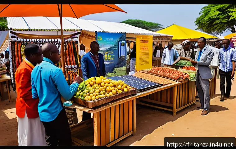 탄자니아와 한국 교류 역사 - A vibrant scene illustrating a modern Tanzanian marketplace with small and medium-sized enterprises ...