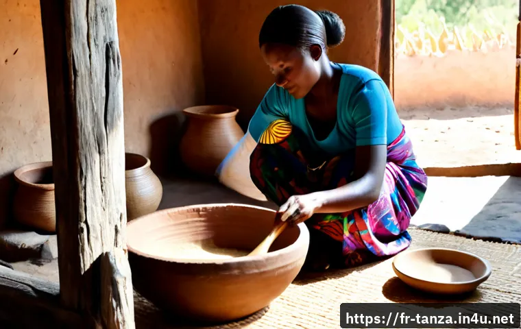 탄자니아 전통주 우지 - Photorealistic Tanzanian village kitchen scene, a welcoming adult woman in colorful East African kan...
